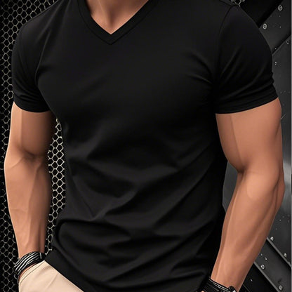 1pc Men's Light Blue Solid Color V-Neck Casual T-Shirt - Breathable Regular Fit Short Sleeve Tee for Spring Summer, Gym, Office  Casual Attire