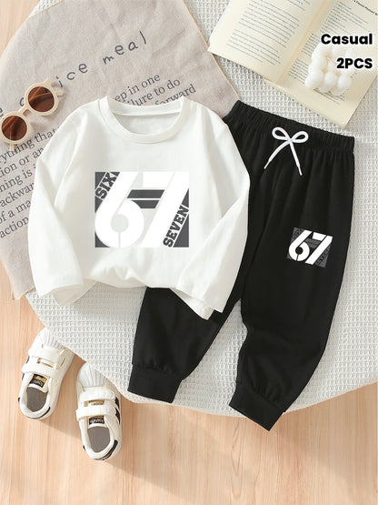 Boys' 2-Piece Cotton Casual Outfit Set - Long Sleeve Tee & Pants