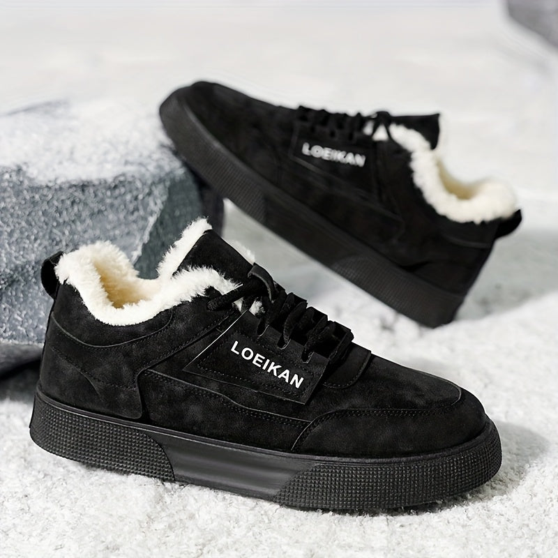 LOEIKAN Men'S Thickened Winter Sneakers - Heavy-Duty Cold Weather Shoes with faux fur Lining, Non-Slip PVC Sole - All-Season Low-Top Lace-Up Shoes for Hiking, Gym, Casual - Black/gray/white - Ideal For Men'S Outdoor & Daily W