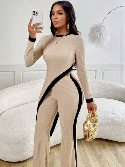 Women's Elegant Asymmetrical Hem T-Shirt & Flared Pants Set - ayq