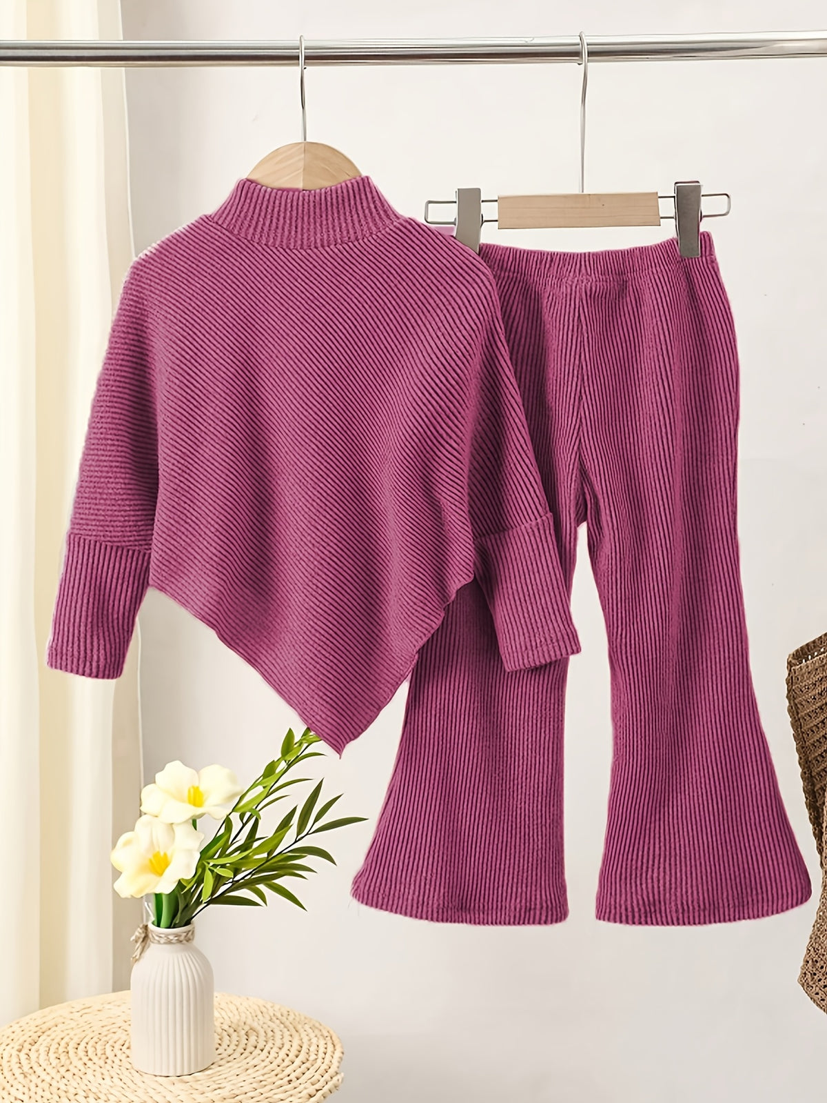Girls' Fall/Winter Ribbed Pullover & Flared Pants Set - ayq