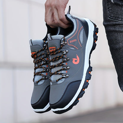 Men's Low-Top Lace-Up Outdoor Hiking Shoes, Durable Non-Slip Rubber Sole All-Season Sports Footwear with Plain Toe, PU Upper, Fabric Inner & Insole for Camping, Climbing - Black with Orange Accents, Allseason Sports Shoes | C