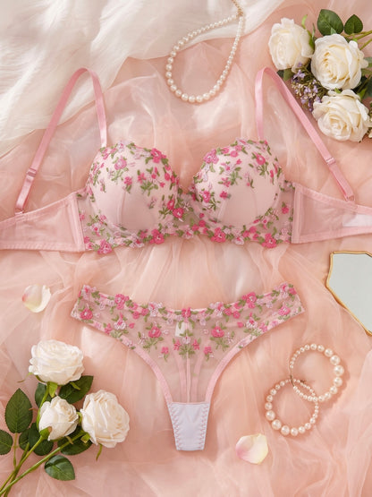 Women's Floral Embroidered Lingerie Set - Elegant Bra & Panties