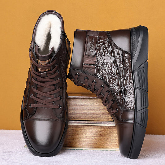 Men'S Versatile High-Top Boots, Featuring a Simple Lace-Up Design And Work Boot Style, with Slip-Resistant, Durable Thick Soles And Crocodile Texture Details, Suitable for Outdoor Travel And Daily Office Wear, Ideal for Use D
