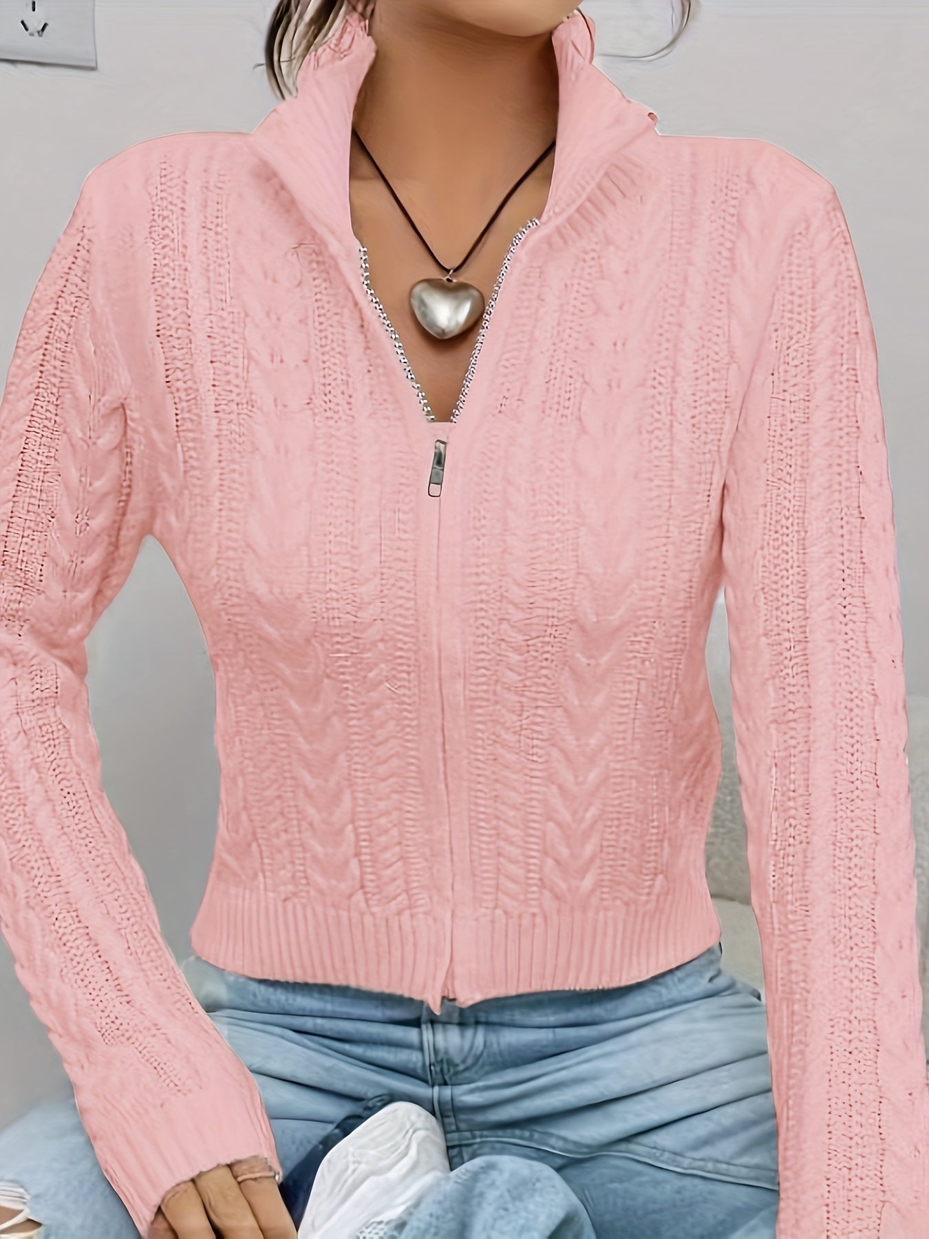 Women's Elegant Zip-Up Cable Cardigan with Stand Collar - Machine Washable Spring/Fall Jacket, White Solid Color, Braided Design & Zipper Front for Casual or Dressy Outfits, Cardigan Sweater, Autumn Layering Piece, Spring Out