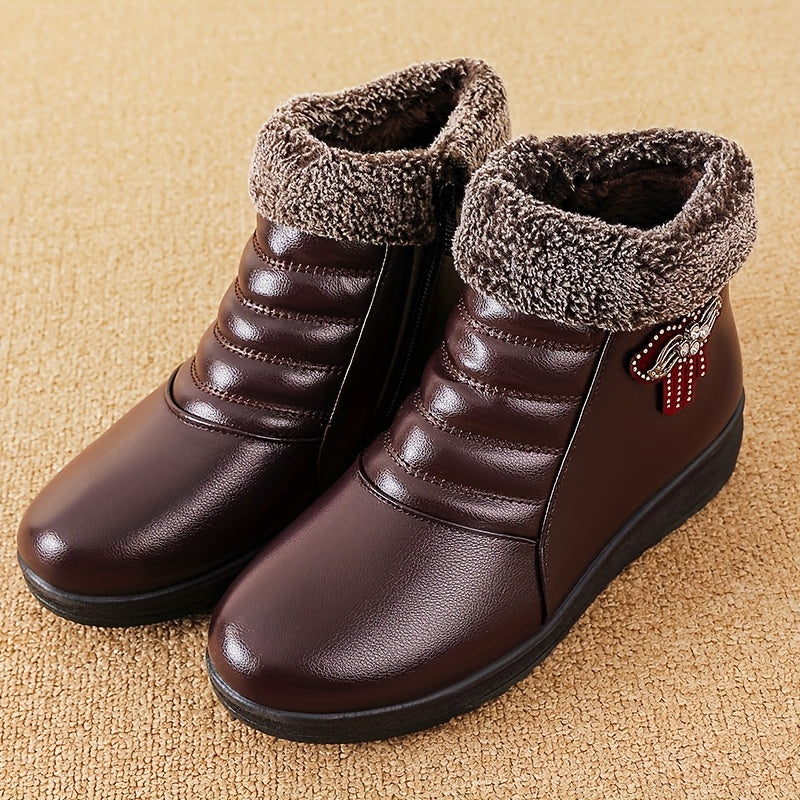 Women'S Comfortable And Warm Shoes for Autumn And Winter, Short Boots with Fleece Lining, Snow Boots, Leather Shoes, Glossy Black Platform Boot, Elegant Rain Boot For Woman, Warm And Comfortable Bootie For Working, Low Ankle