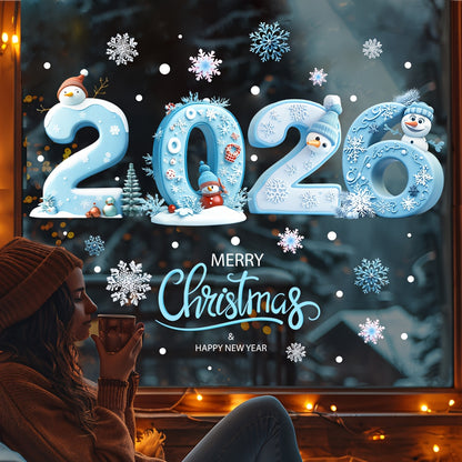 2026 Christmas & New Year Glass Stickers - Winter Snowflake & Snowman Self-Adhesive Irregular Shape Glittery Matte Finish with 2026 Number Design,  & White Winter Theme with Penguins, Holly & Snowflakes - One-Time Use for, Do