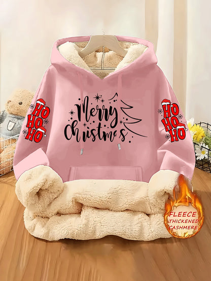 Women's Fleece-Lined Hooded Christmas Sweatshirt with Ho Ho Ho & Merry Christmas Print, Plush Fleece Jacket, Warm Winter Coat, Thick Polyester Outer Layer, Machine Washable Holiday Sweater for Xmas Parties & Winter Outfits, W