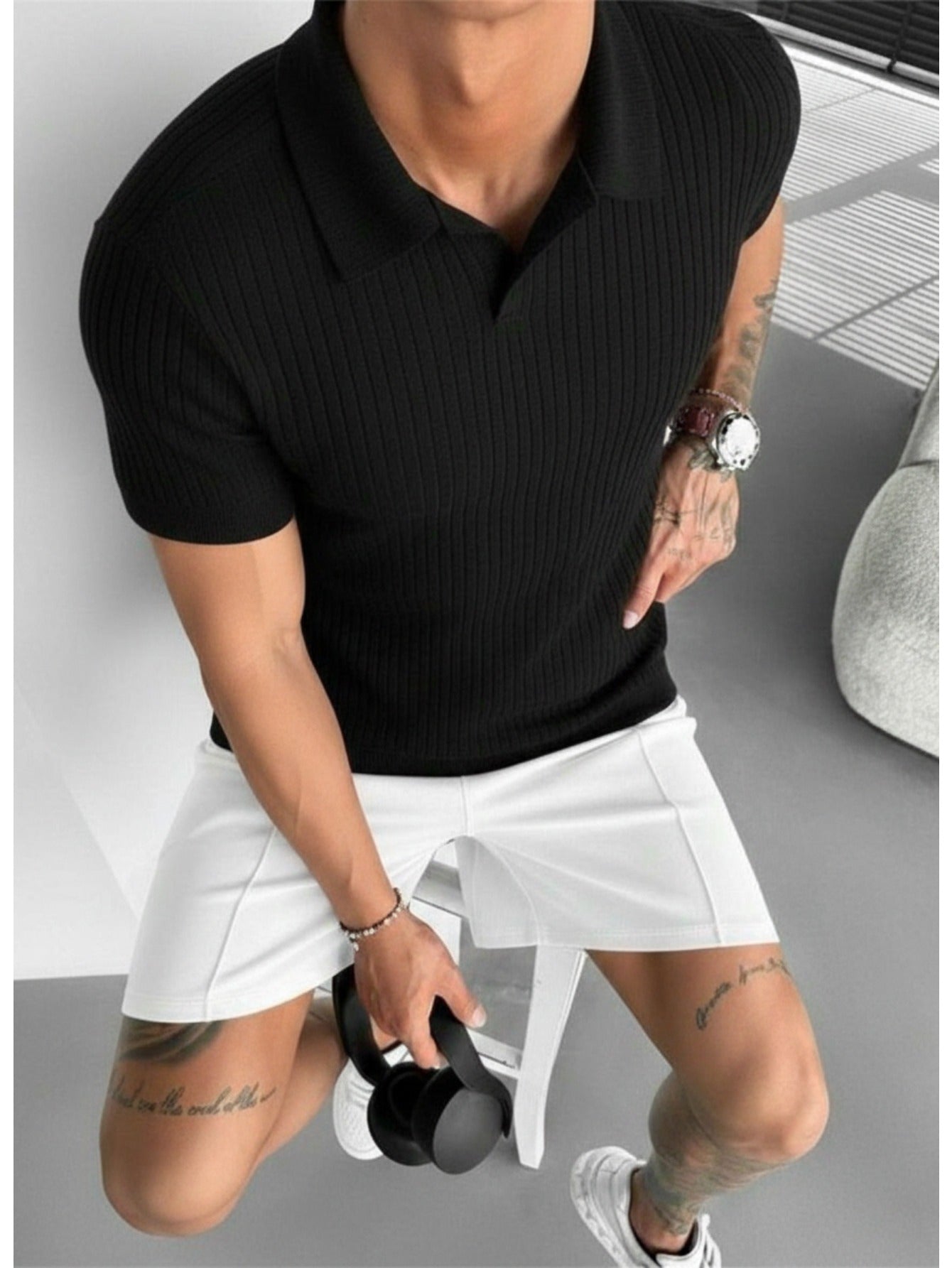 Men's Lapel Short-Sleeve Sweater - Rugged and Handsome Street Style Men's Ribbed Collar Short-Sleeve Top, Made of Breathable and Skin-friendly Special Material. Features a Slim-fit Micro-stretch Design for Unrestricted Moveme - ayq