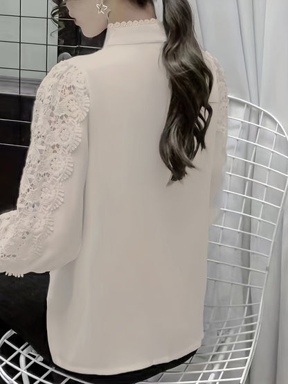 Solid Contrast Lace Blouse, Elegant Mandarin Collar Long Sleeve Blouse, Women's Clothing