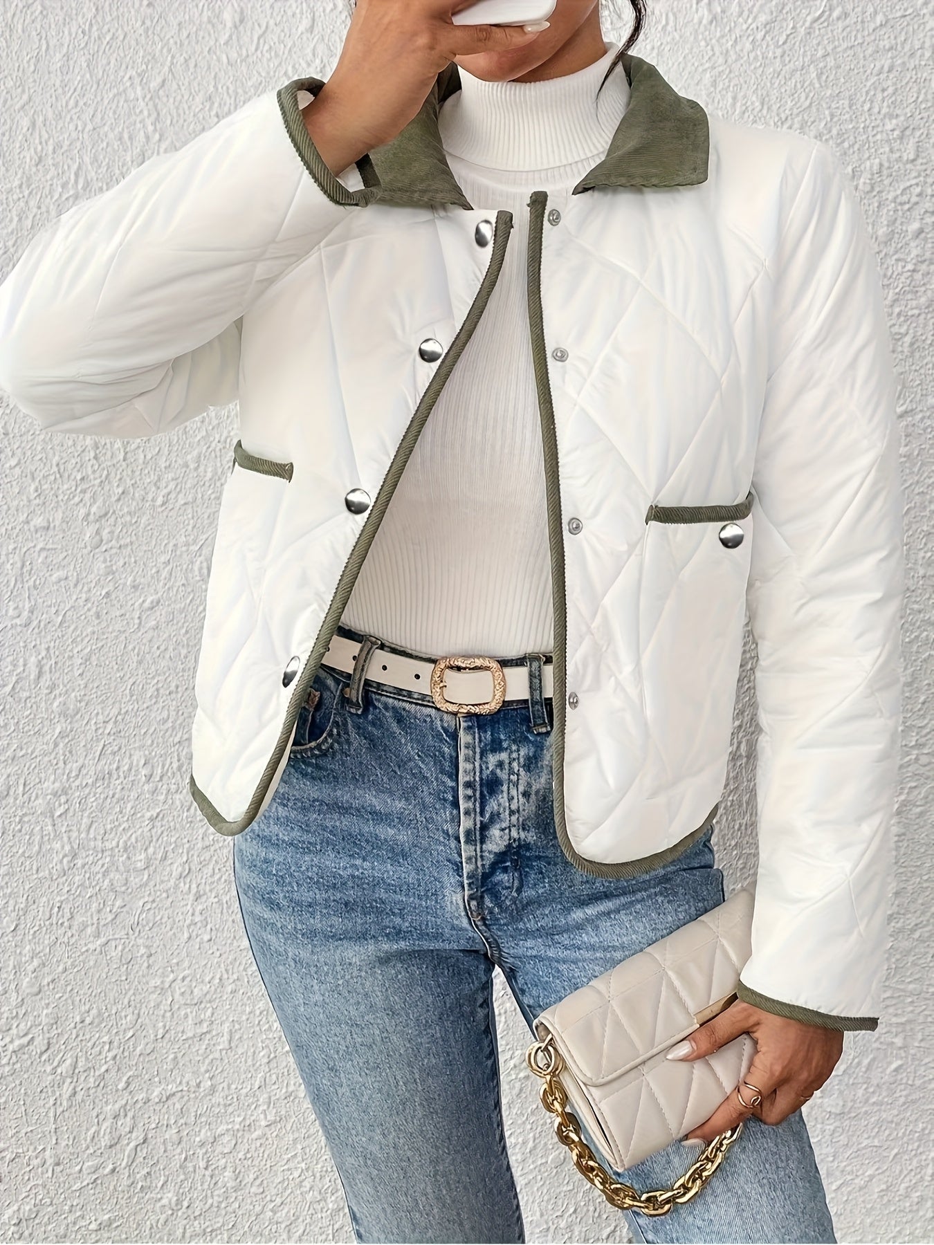 Women's Fashion Elegant Two-Tone Fabric Short Jacket, Color-Block Lapel Collar, Long Sleeve, Suitable for All Occasions, Autumn and Winter