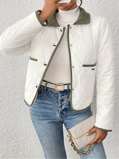 Women's Fashion Elegant Two-Tone Fabric Short Jacket, Color-Block Lapel Collar, Long Sleeve, Suitable for All Occasions, Autumn and Winter