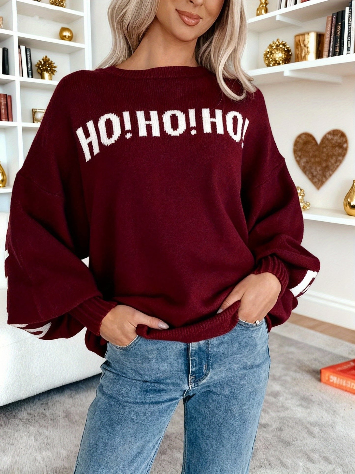 Autumn/Winter New Arrival Niche Cardigan for Women, Lazy Style Sweater Top with Wine Red and Coffee Color Letter Print, Round Neck Pullover with Designer Pattern, Casual Elegant Winter Top, Urban Commute Basic Versatile Style