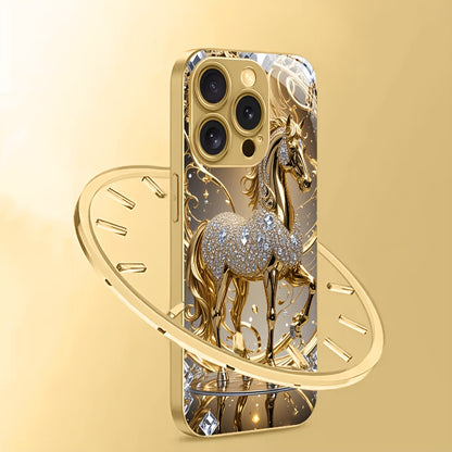 Premium Golden Horse Pattern Gift for 4 Seasons Tempered Glass Phone Case for Iphone 16/16 Pro/16Plus/16Pro Max/15/15 Pro/15 Pro Max/14/14Pro/14 PLUS/14 Pro Max/13/13 Pro/13 Pro Max/13 Mini/12/11 /XR/XS/X/7/8PLUS Mobile Phone