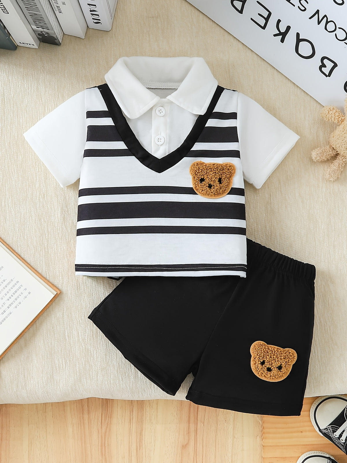 Casual Boys' Striped Collar Shirt & Shorts Set for Spring/Fall - ayq
