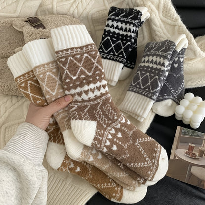 5 Pairs Women's Warm Winter Socks with Ethnic Diamond Pattern
