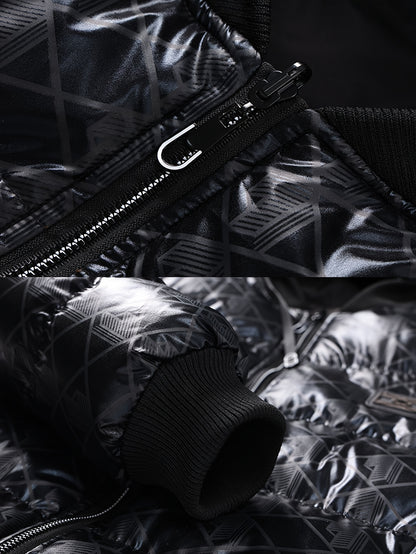 Men'S Stylish Hooded Winter Jacket - Thickened, Warm, and Trendy with Geometric Pattern, Black with Orange Accents, Polyester Filler, Perfect for Cold Weather, Winter Jacket Hooded