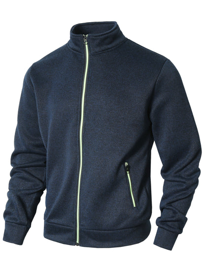 Men's Sporty Full-Zip Stand Collar Sweatshirt - Long Sleeve Casual Pullover with Neon Green Accents, Solid Color Non-Stretch Fabric, Regular Fit for Fall Winter