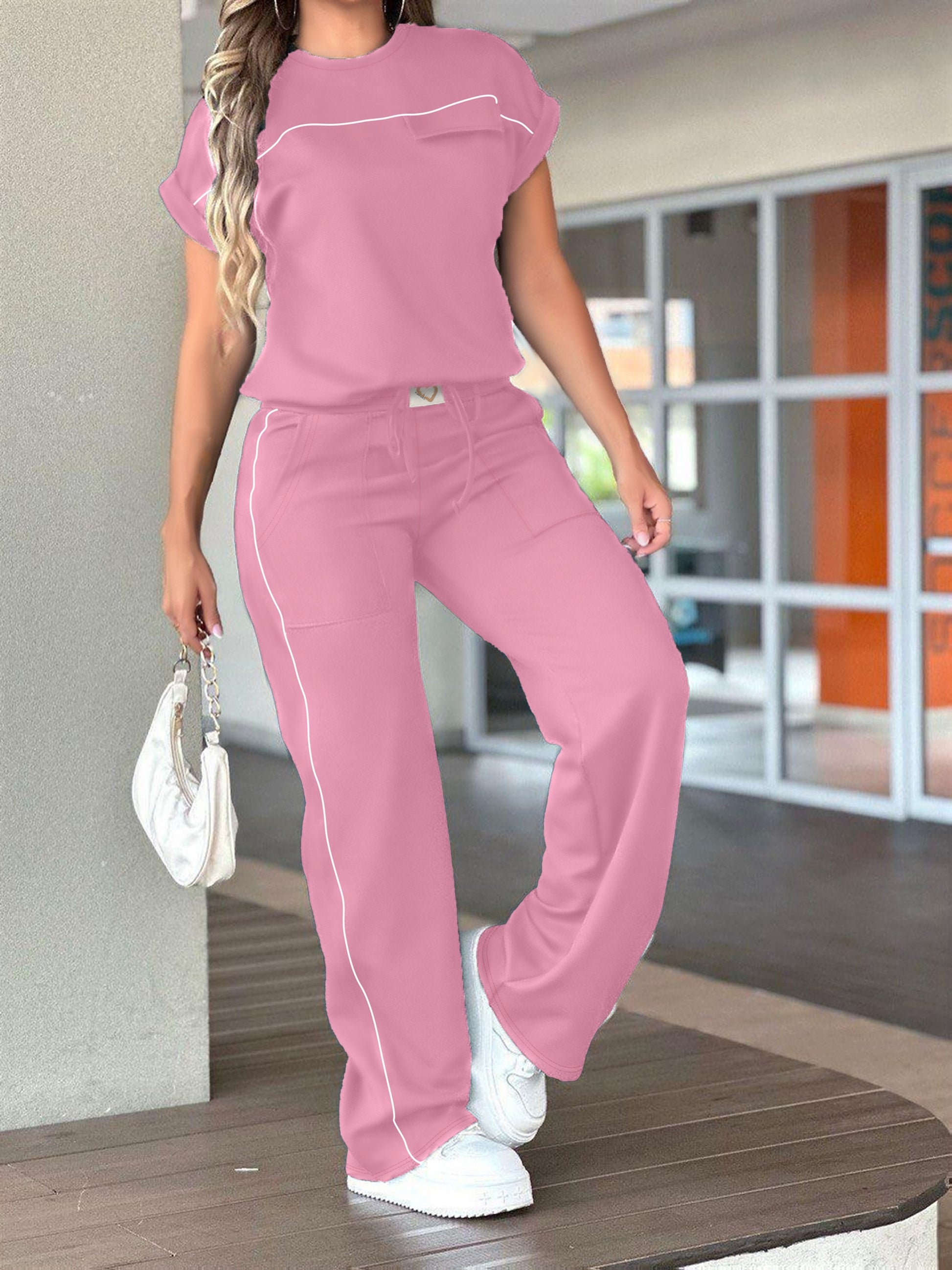 New Women'S Spring And Autumn Collection Featuring a Solid Color, Soft And Comfortable Round-Neck T-Shirt Paired with High-Waisted, Casual Straight-Leg Pants in a Two-Piece Set - ayq