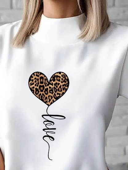 Women's Fashionable White T-Shirt with Leopard Print Heart and "LOVE" Cursive - Short Sleeve, Polyester Blend, Machine Washable