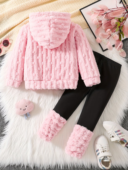 2pcs Girls' Warm Plush Hooded Jacket + Pants Autumn and Winter Style Girls' Cozy Fleece Pullover Sweatshirt with Warm Pants Cute Fashion Street Vertical Stripe Polka Dot Windproof Set Comfortable Soft 4-5-6-7-8 Years Old Suit