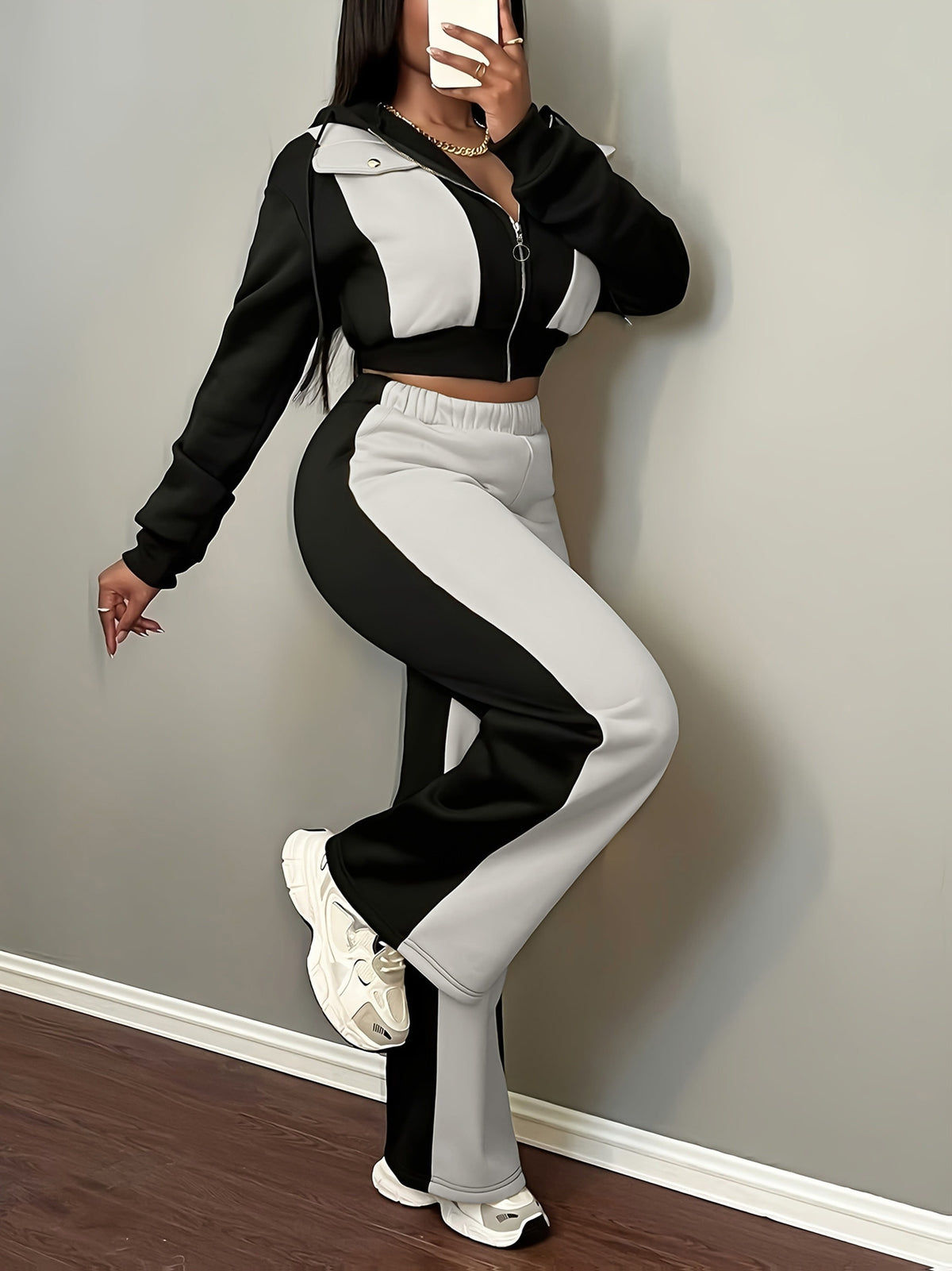 Women’s Color Block Hooded Sweatshirt and Pants Set for Fall-Winter - ayq