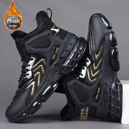 Men's Winter Warm High-Top Sneakers - Thermal Insulated PU/Fabric Upper, Golden-Tone Buckle & Strap Closure, Cushioned TPU Sole, Black/White/Golden Sneakers for Casual, Running, Everyday Winter Wear - All-Terrain Traction, Du