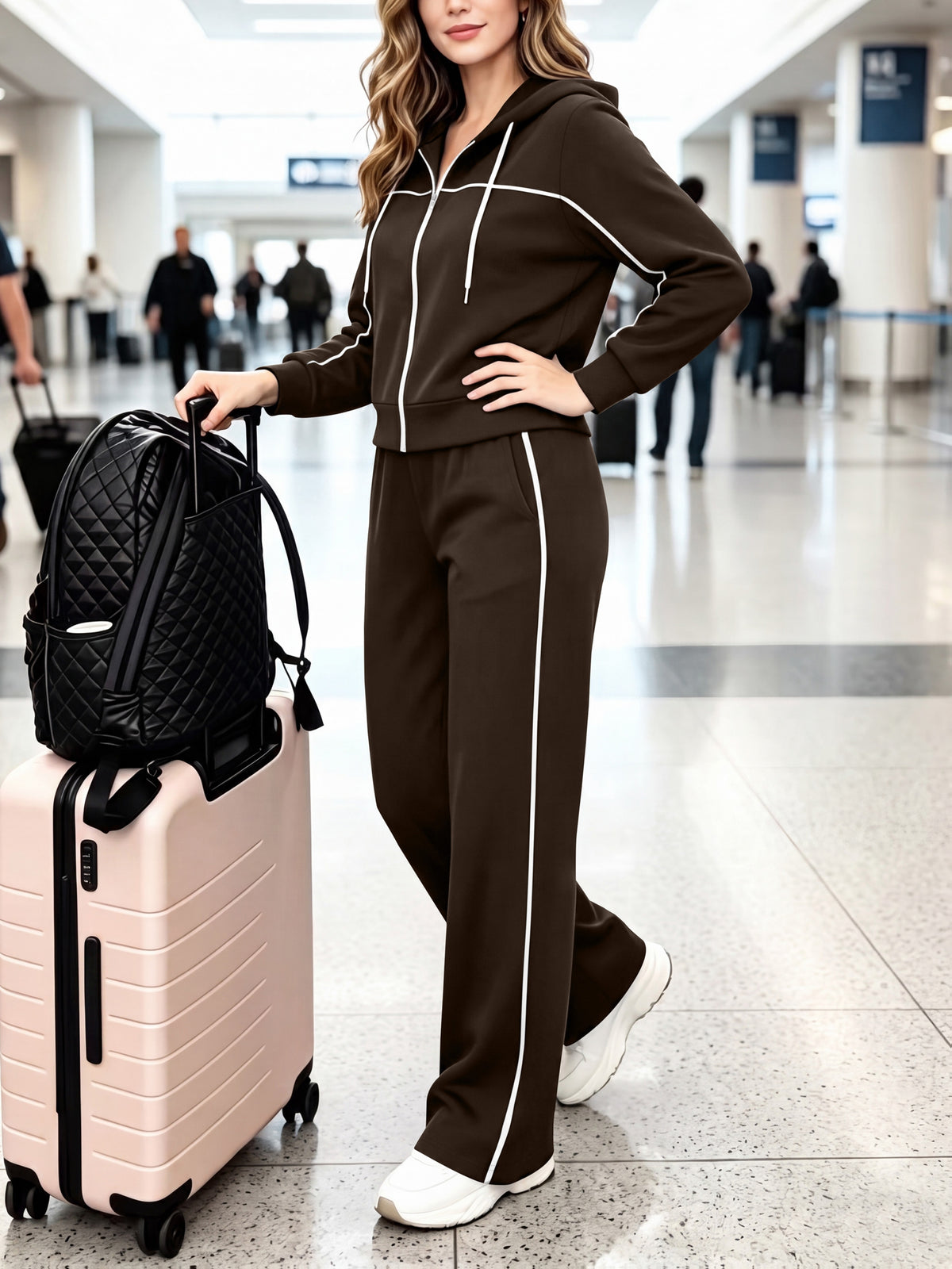 Women's Casual Two-Piece Set Hooded Cardigan & Wide-Leg Pants - ayq