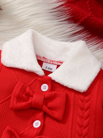 1pc New Style Single-Breasted Bowknot White Collar Dress for Girls, Red Christmas and New Year Baby Outfit