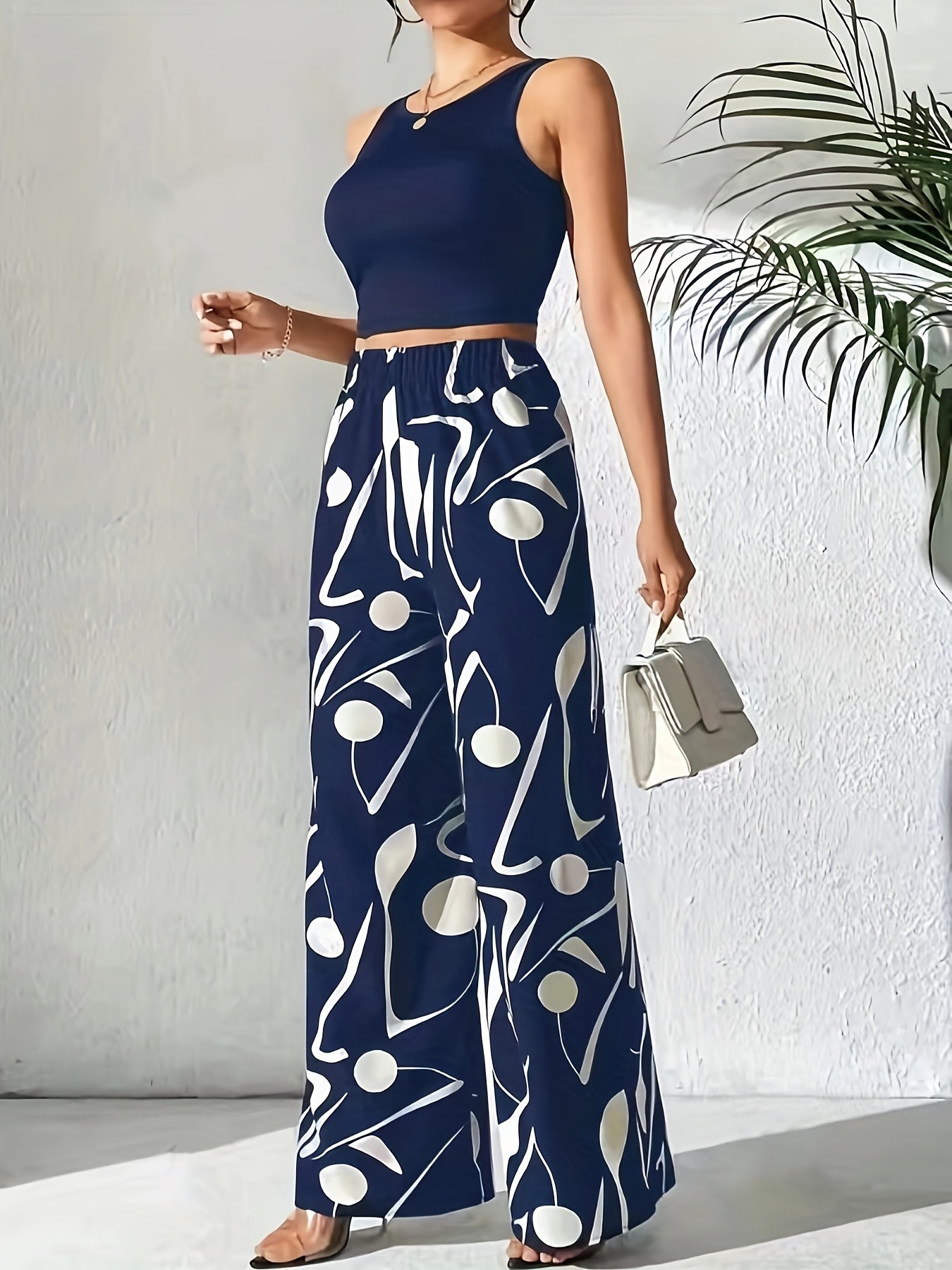 Women’s High-Waisted Wide-Leg Casual Pants with Geometric Print