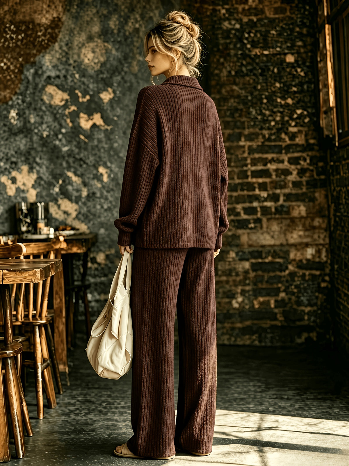Women's Solid Color V-Neck Long Sleeve Top & Pants Set