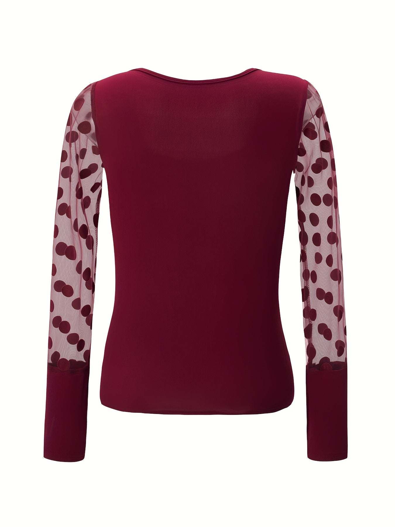 New Style U-Neck Mesh Spliced Polka Dot Long Sleeve Solid Color Fitted Casual Versatile Top