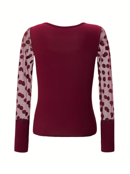 New Style U-Neck Mesh Spliced Polka Dot Long Sleeve Solid Color Fitted Casual Versatile Top