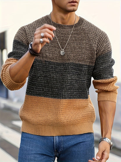 Men's Autumn and Winter Color Block Knit Sweater, Crew Neck Pullover