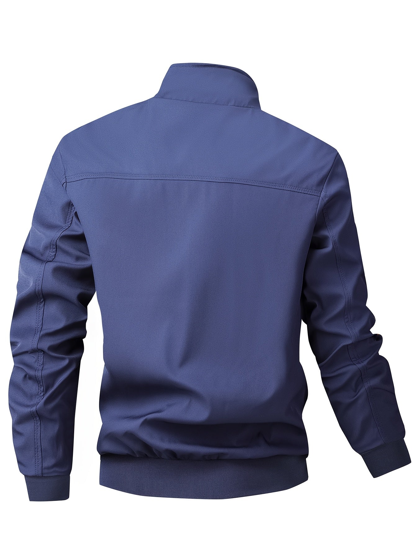 Men's Casual Royal Blue Bomber Jacket - Full Zip, Loose Fit, Polyester, Stand Collar, Long Sleeve, Lightweight & Durable for Spring and Fall, Casual Outerwear | Ribbed Cuff Sleeves | Durable Outerwear