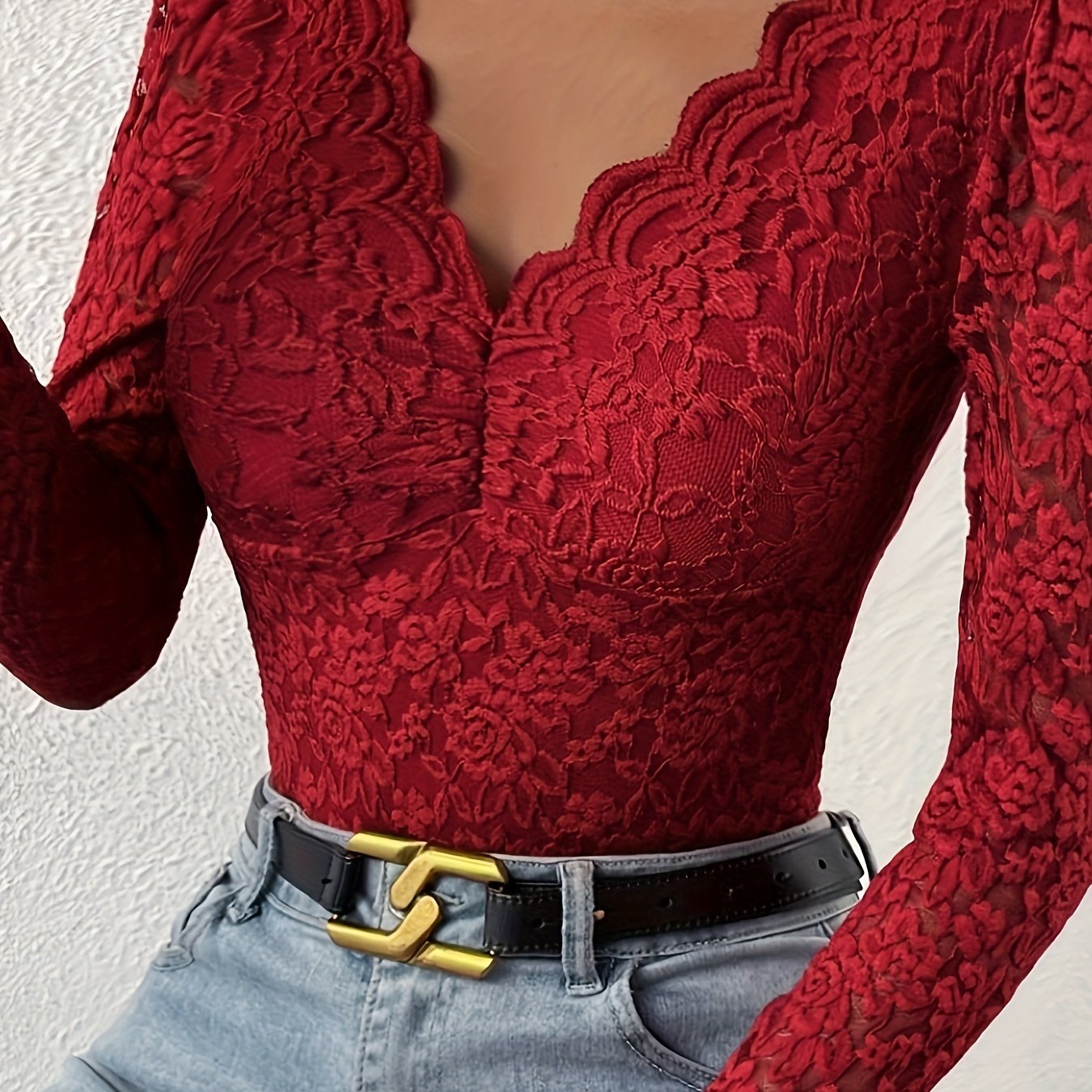 Stylish Deep V Backless Lace Rose Print Sheer Fitted Long Sleeve Bodysuit 10717