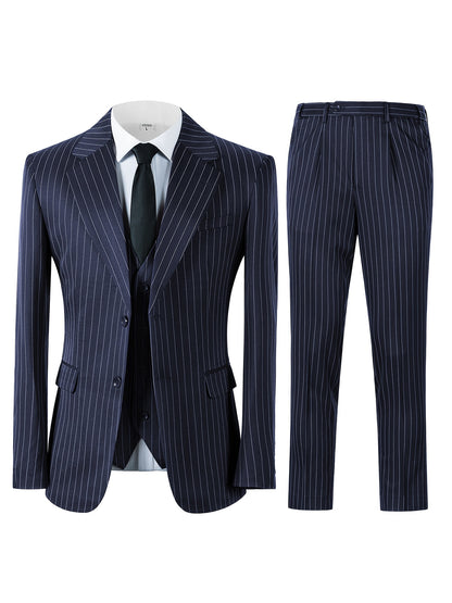 Men's Slim Fit Striped Three-Piece Suit with Vest and Pants