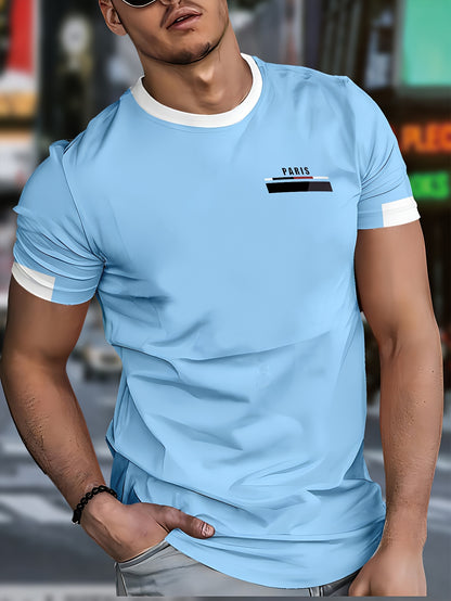 Men'S Paris Graphic T-Shirt - Green Polyester Crew Neck Tee with White Stripes  Print - Casual Sporty Knit Top for Casual Attire, Breathable Fabric