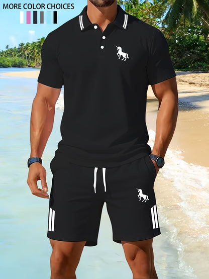 Men's Outdoor Fitness Polo Set with Lapel Collar and Shorts