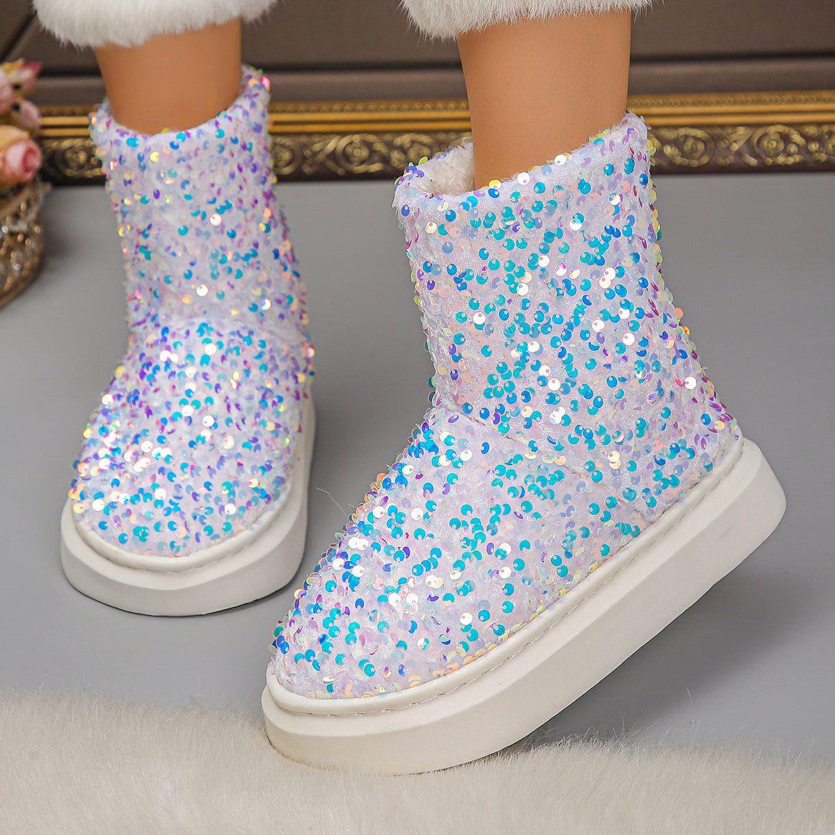 Women'S Sparkling Sequin Snow Boots - Cozy Fleece-Lined Slip-On Ankle Boots with Thick Rubber Sole, Lightweight & Warm for Winter, Blue & White Glittery Design, Perfect for Casual or Festive Outfits, Winter Boots