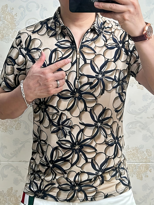 Men'S Lightweight Floral Print Short Sleeve T-Shirt - Stylish Black  Beige Business Casual Top with Zipper Detail, Regular Fit for Summer, Summer Casual Wear   Modern Casual Style   Stylish Button Details