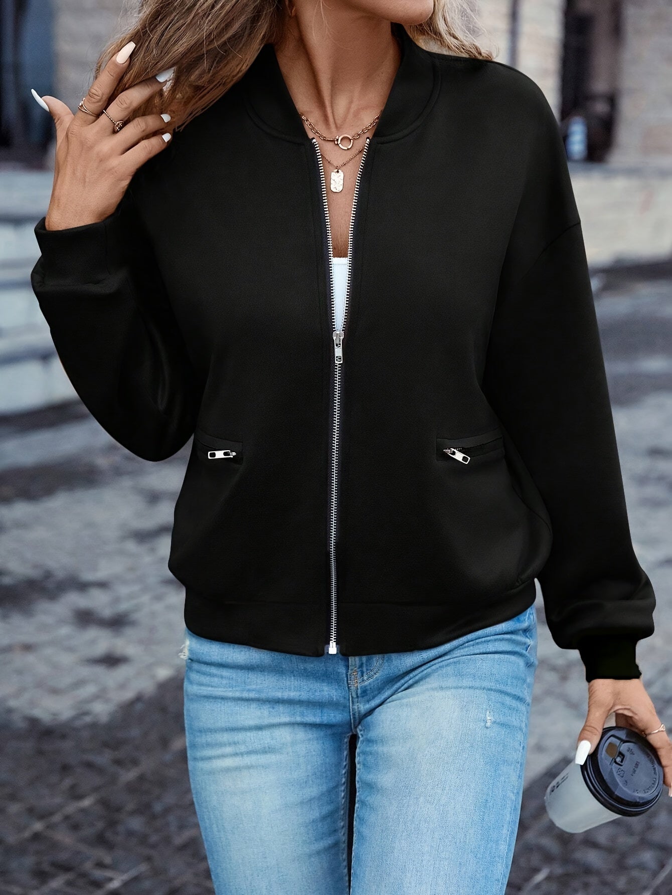 Solid Color Zip-up Jacket, Casual Long Sleeve Pockets Bomber Jacket For Spring & Fall, Women's Clothing