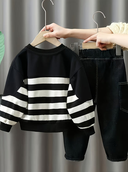 Boys' Casual Stripe Two-Piece Set with Sweatshirt & Pants