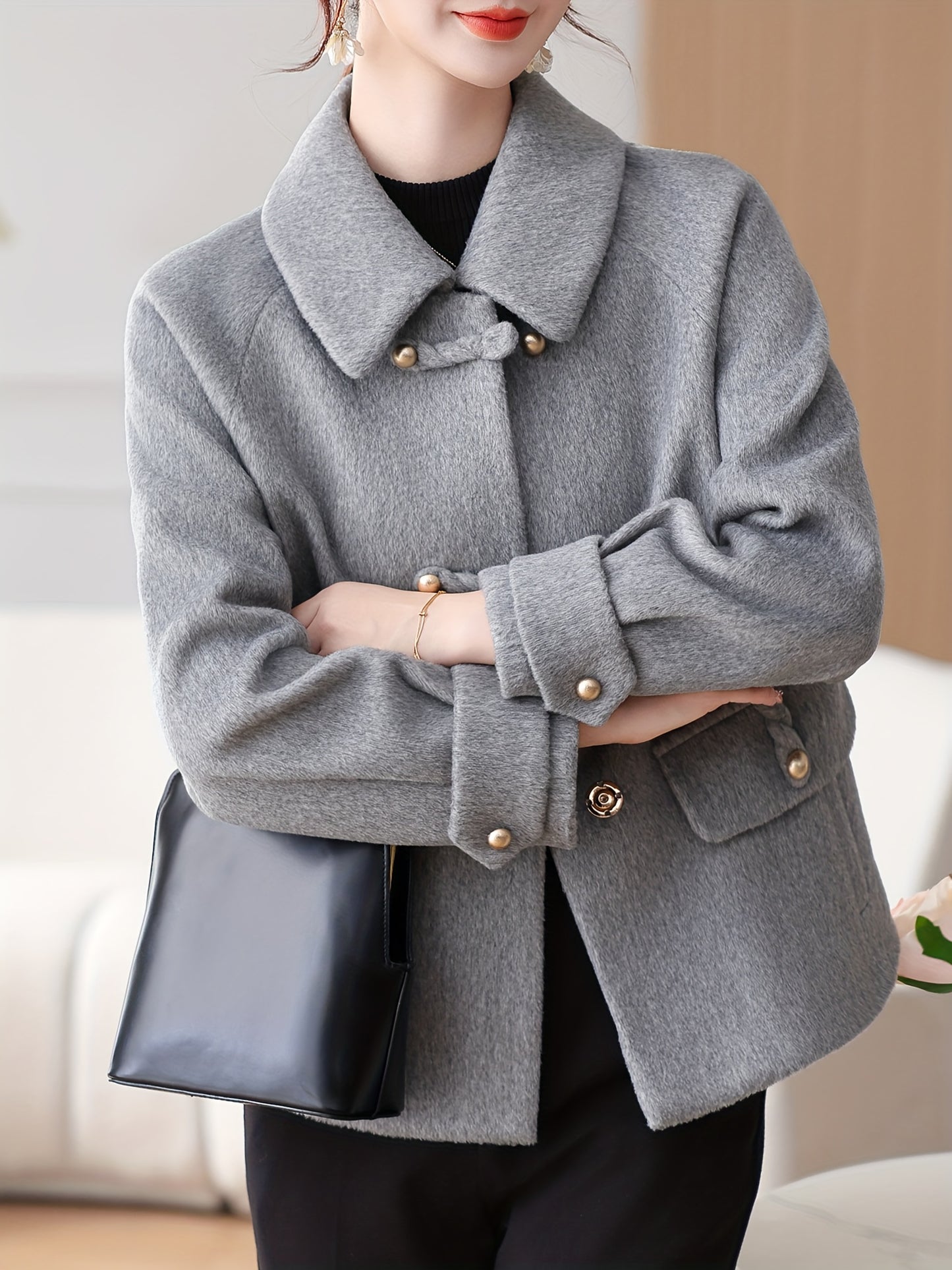 Snow Evening Women's 2025 New Winter Jacket - Short Wool-Blend Tweed Coat for Moms & Seniors, Thickened Warm Collar with Golden Buttons, Elegant Cold-Resistant Outerwear, Hand Washable (Grey/Black) - Professional & Casual Win