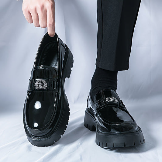 Men'S Black Soft Patent Platform Chunky Heel Loafers Fashion Tassel Business Casual Formal Work Shoes Non-Slip Lug Sole Slip-On Penny Loafers