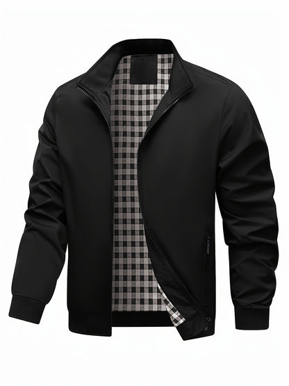 Men's Academic Jacket - Burgundy (Deep Red), Zip-Up Front Closure, Structured Non-Stretch Fabric, Zippered Pockets - Formal & Casual Outerwear for Office, Events, Everyday - Easy-Care Coat, Dressy Jacket, Houndstooth Pattern