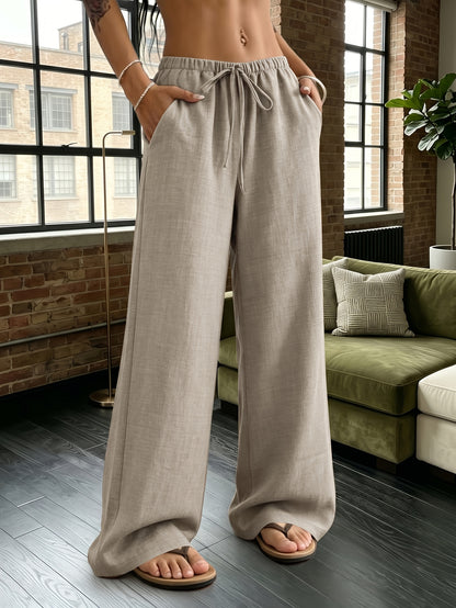 Women's Elegant Wide-Leg Workout Pants - Stretch Polyester Trousers