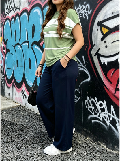 Women's Casual Two-Piece Set with Striped Bow Drawstring