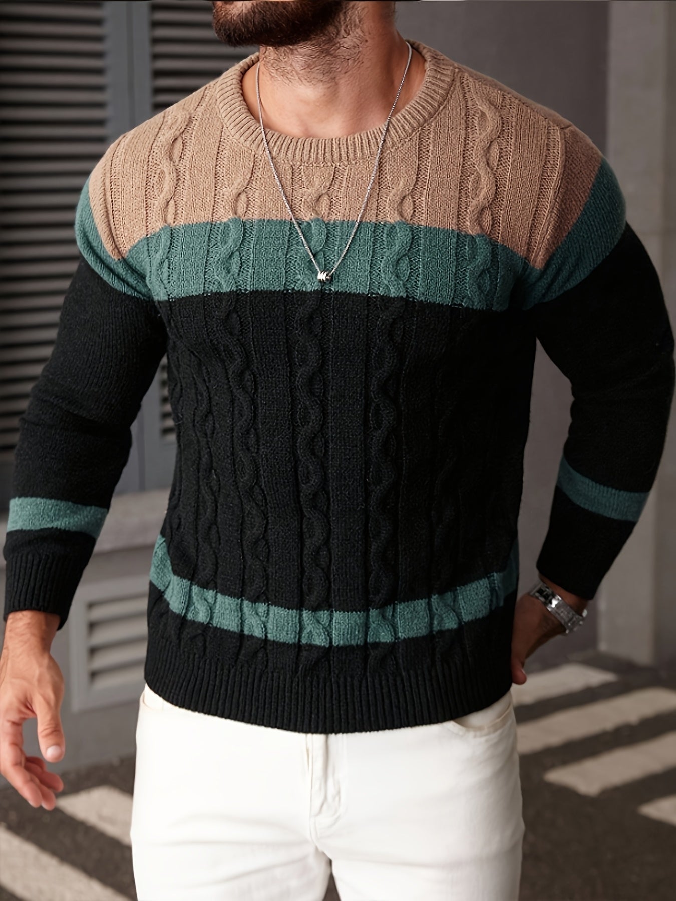 Men's Color-blocked Tweed Knitted Sweater, Round-neck Long-sleeved Knitted Color-blocked Light Gray for Business and Casual Outings