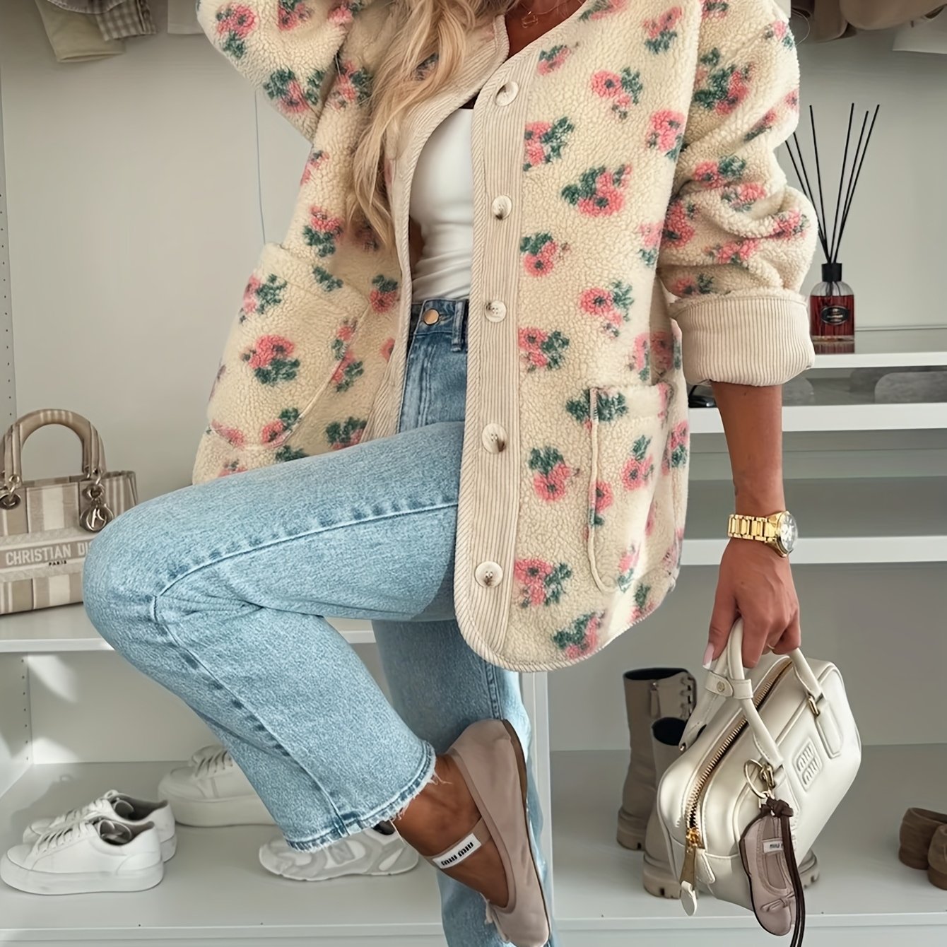 Women's Floral Print V-Neck Button-Front Coat with Pockets - Oversized H-Line Silhouette, Machine Washable Winter Jacket in Pink & Green, Casual to Semi-Formal Outerwear for Fall/Winter